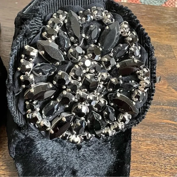 Prada (Worn Indoor Once) Black Velvet Crystal Flower Curved Heel Mules 37.5